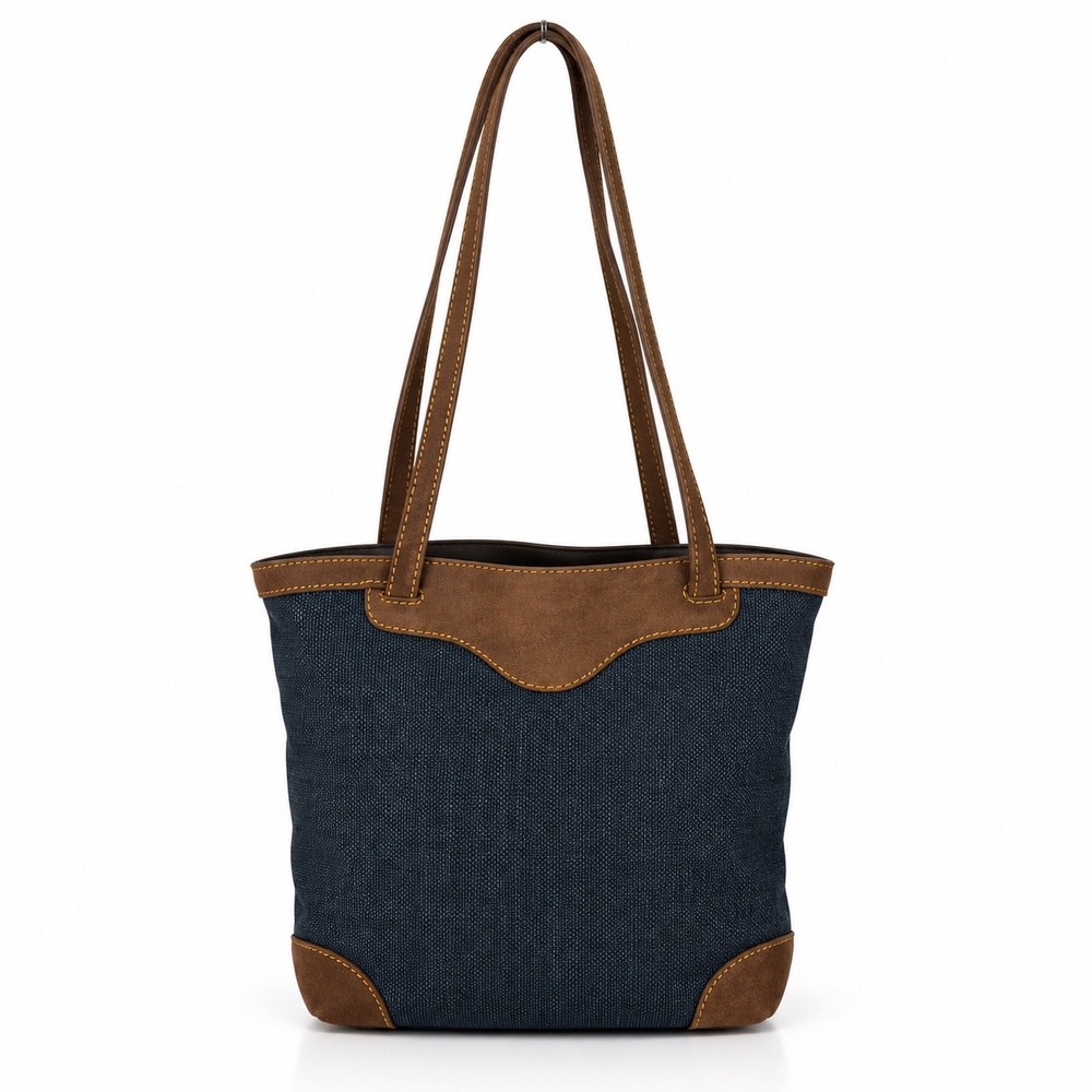 Tommy Bahama Shoulder Bag Navy Blue Woven Canvas Suede Trim Coastal Boho Tote